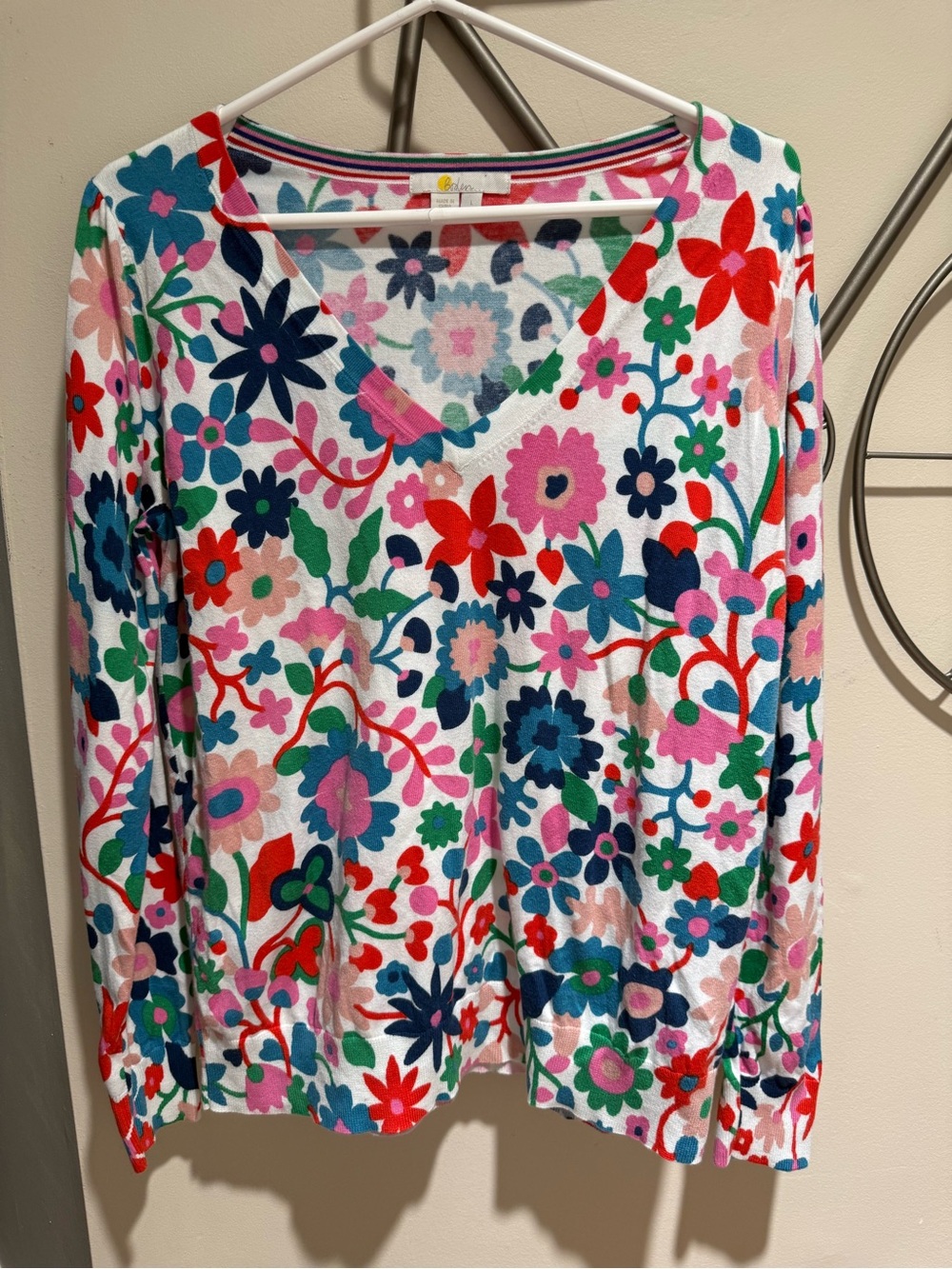 Boden Floral Cotton V-Neck Sweater Size L Lightweight Knit Puff Shoulder